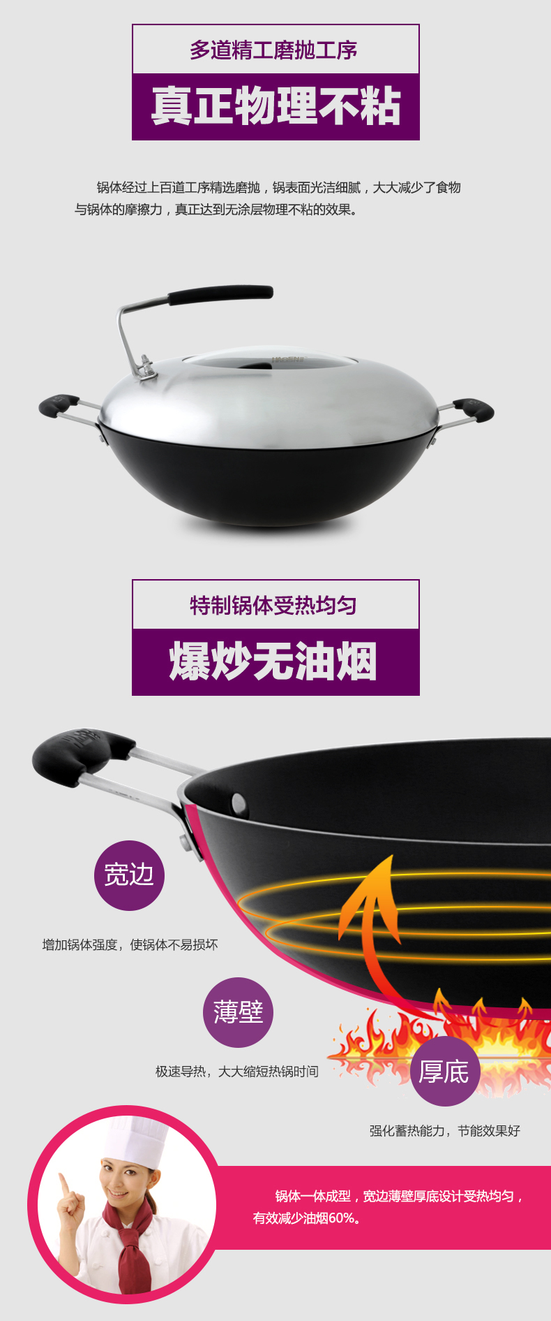 豪森(HAOSN)铸铁锅圆底大炒锅无烟燃气40cm手工生铁双耳铁锅炒菜锅不粘锅