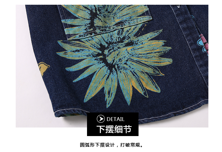 妮唯淳2015秋装新款女牛仔衬衫 韩版印花大口袋牛仔外套中长款宽松大码牛仔衣 印花图案-面料厚 XXL