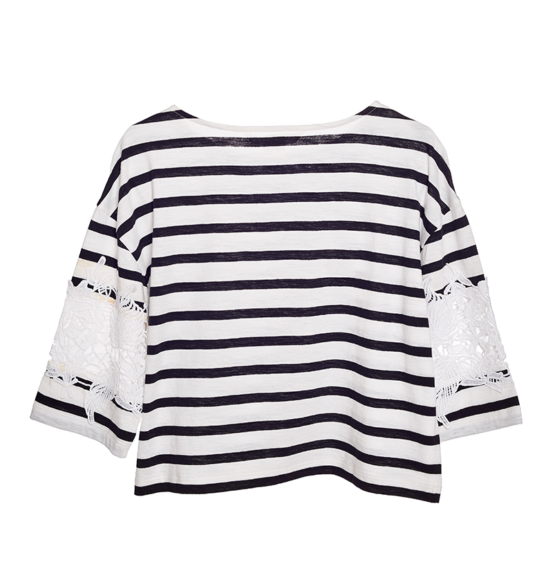 basic house/百家好夏季条纹拼接夏装短款圆领t恤 葡萄酒色 160/s_ 6