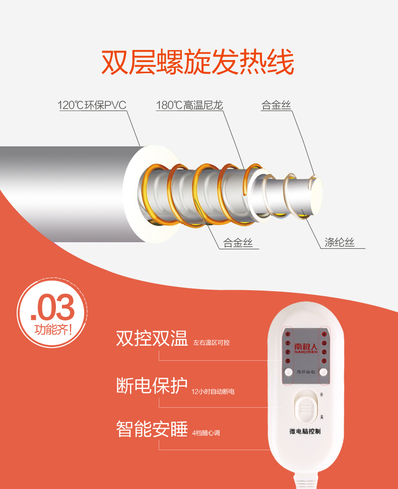 南极人微电脑智能电热毯双人双控160*140cm