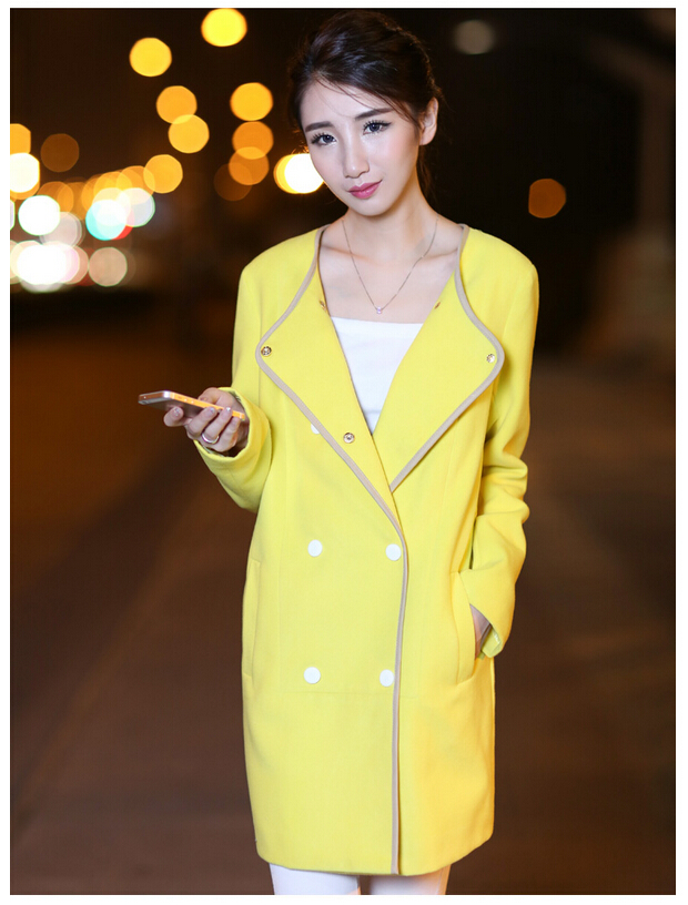 婕芙兰 2015秋装新款韩版中长款呢子风衣外套 5375 明黄色 XL