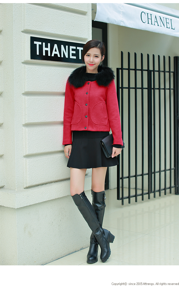 
                                        柒赛文  2015冬装新款带毛领呢料短款外套上衣呢子夹克女 绿色 L                