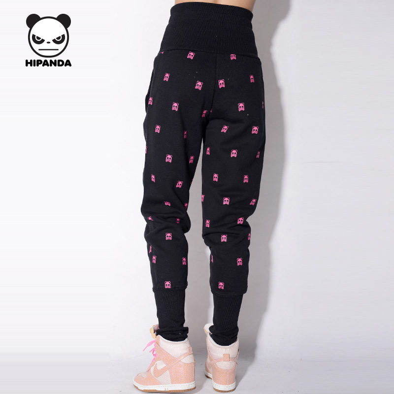 HIPANDA 设计潮牌 秋冬女款 女针织满印收脚 高腰裤 黑色 165/L