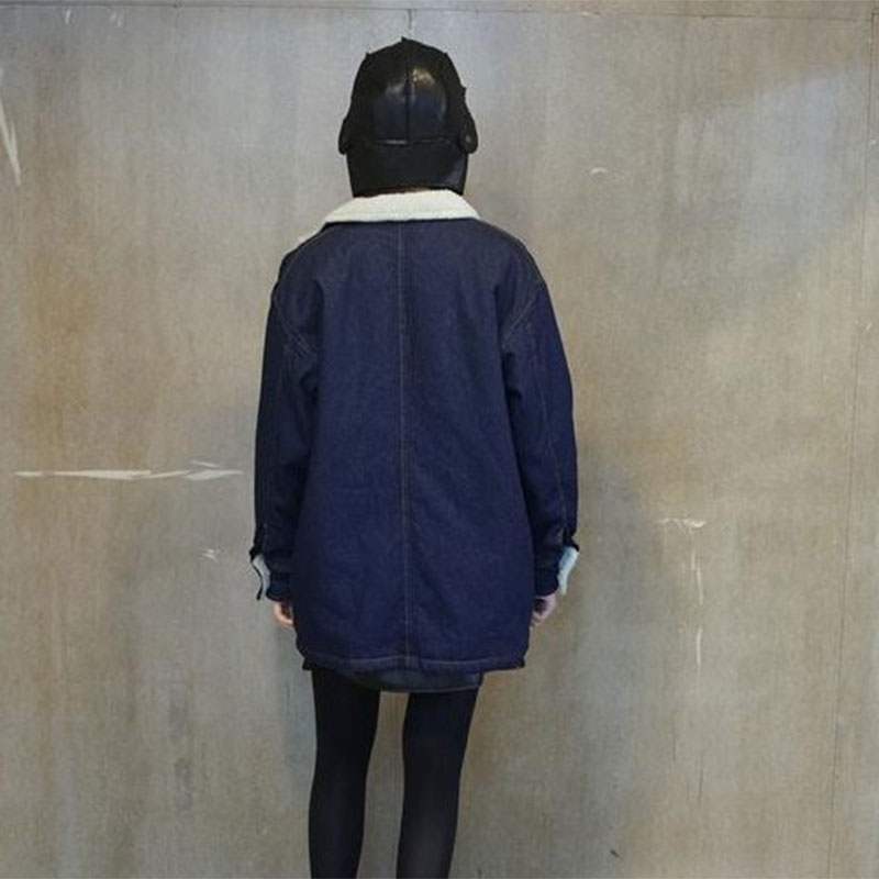 【阿美氏】JQ1/955女装羊羔绒牛仔大外套风衣.秋冬复古宽松翻领长袖.加大码加绒加厚长款 图片色 L码/大码
