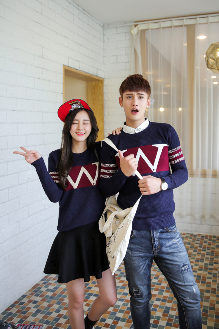 瑾戈 秋装韩版时尚男女装毛衣圆领印花套头棉针织衫大码情侣打底衫潮