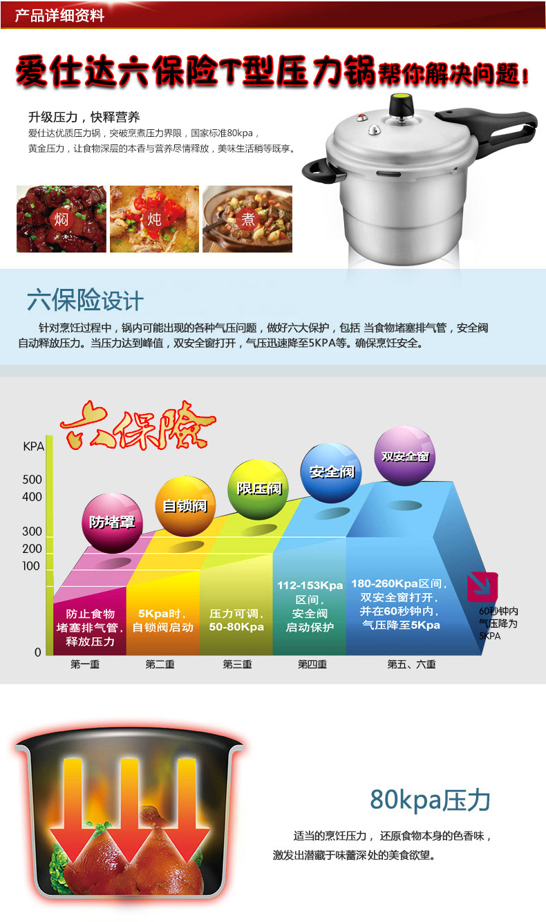 爱仕达ASD六保险T型压力锅铝高压锅送蒸格 22CM- JXT7522