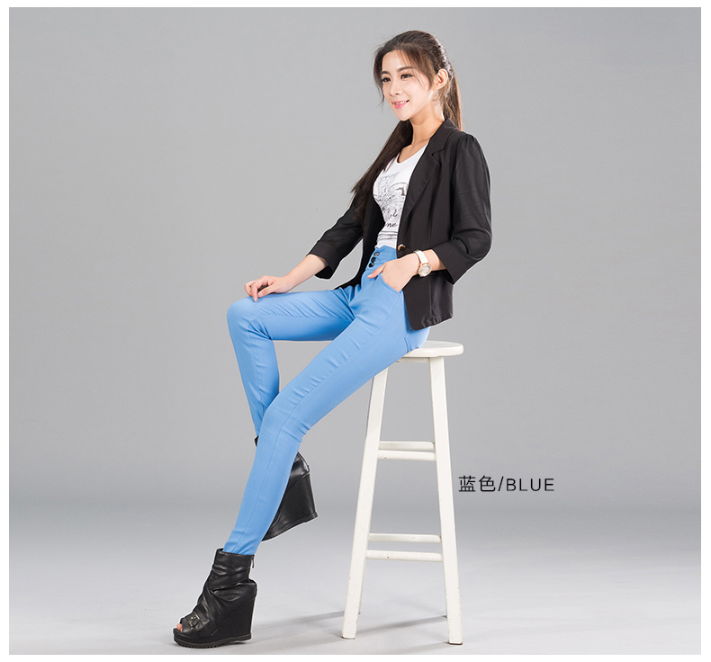 衫蔻  2015秋季新款修身女裤高腰排扣打底裤 棉纺混布 小脚铅笔裤纯色长裤 黑色 M
