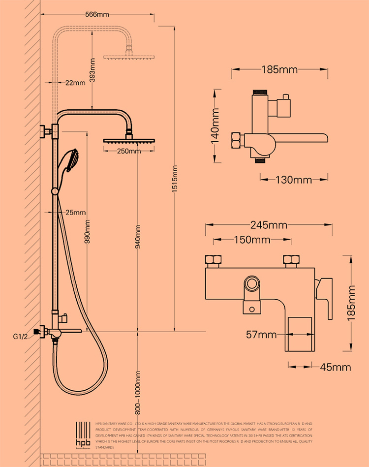 汉派 全铜冷热淋浴套装新款淋浴花洒龙头瀑布式下水出 hp1009_ 2折现