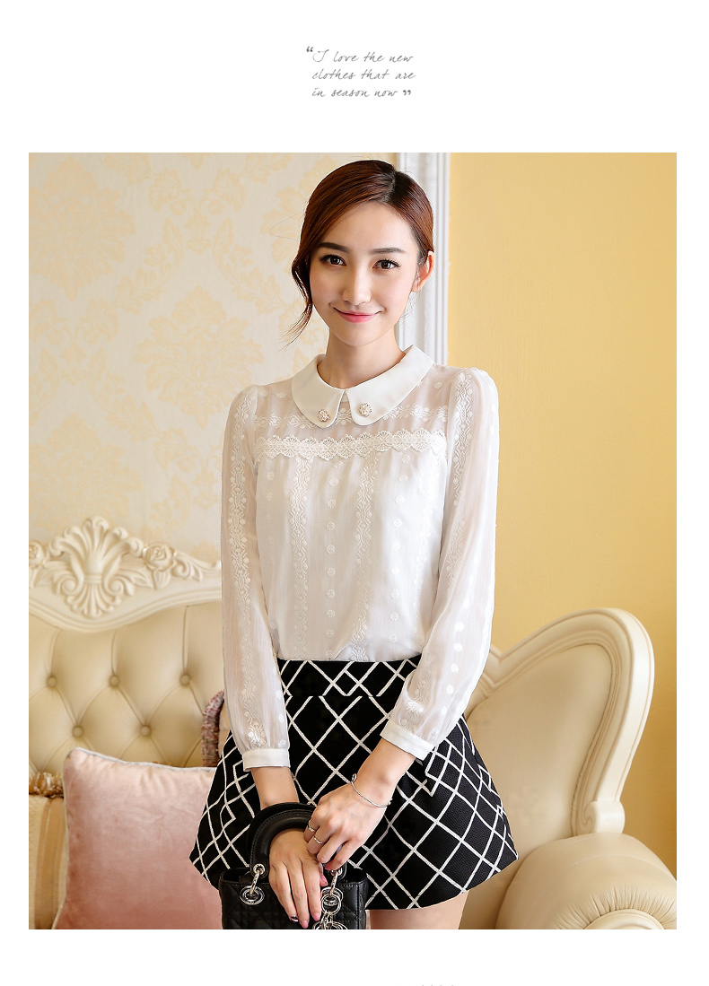 
                                        法萱妮 2015秋冬新款女装白色长袖娃娃领雪纺蕾丝打底衫3314# 白色 M                
