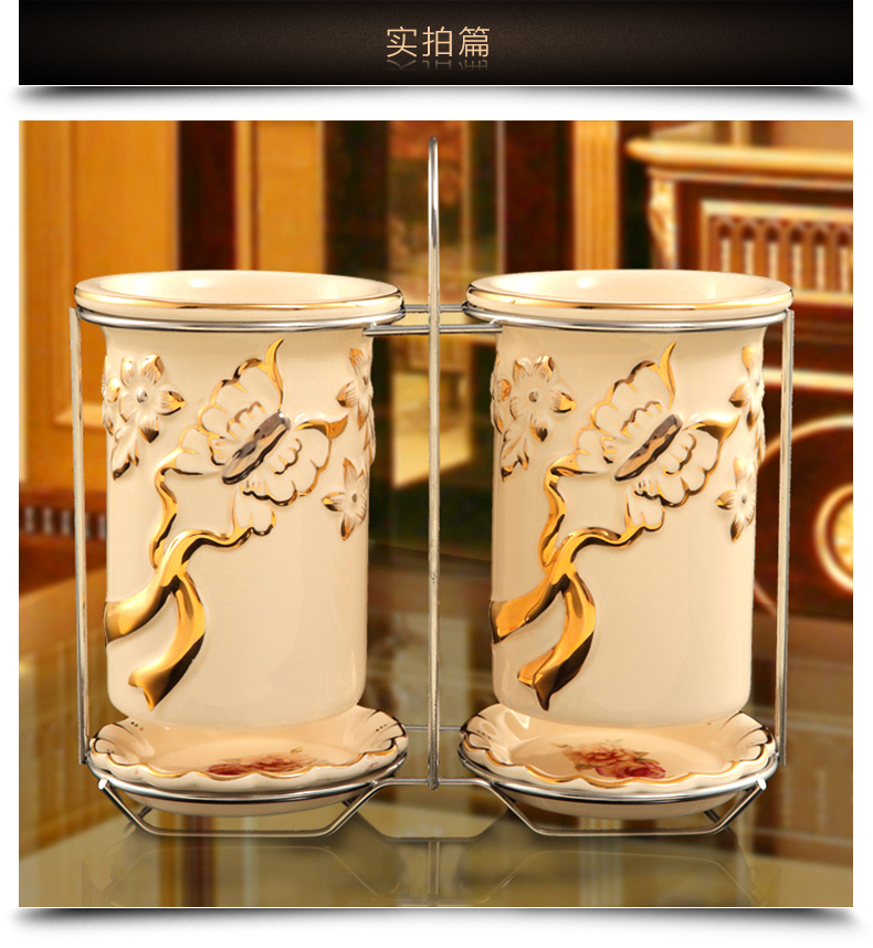 梵莎奇陶瓷欧式创意筷子筒 蝴蝶厨房置物架双筒筷架 防霉沥水筷子盒筷笼套装