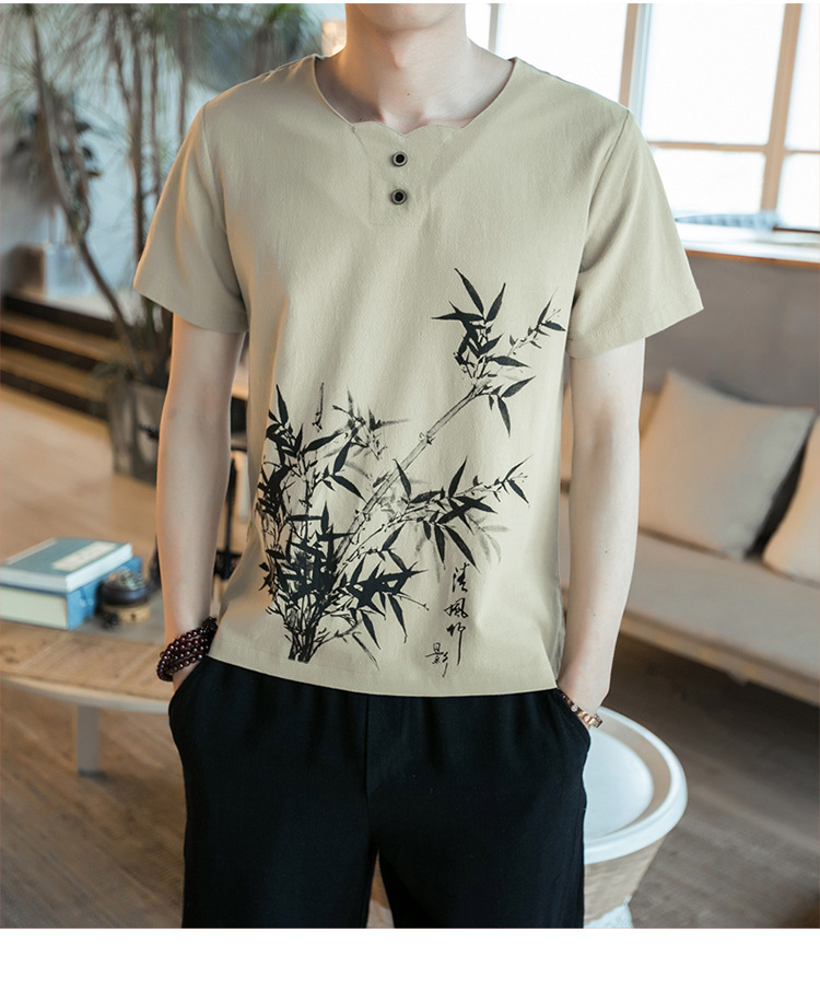 古莱登中国风竹子墨印花短袖t恤男加大码夏季潮流半袖男装胖子体恤