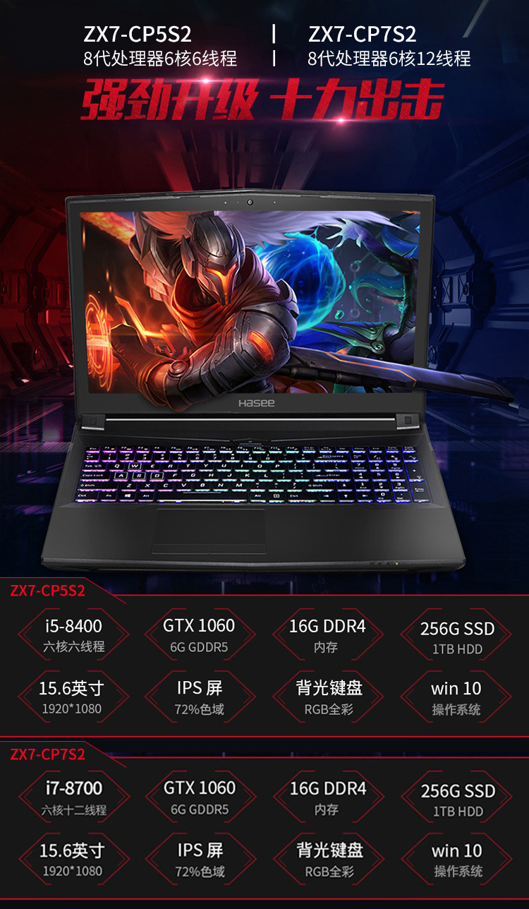 神舟(hasee 战神zx7-cp7s2 8代处理器 gtx1060学生吃鸡游戏本笔记本