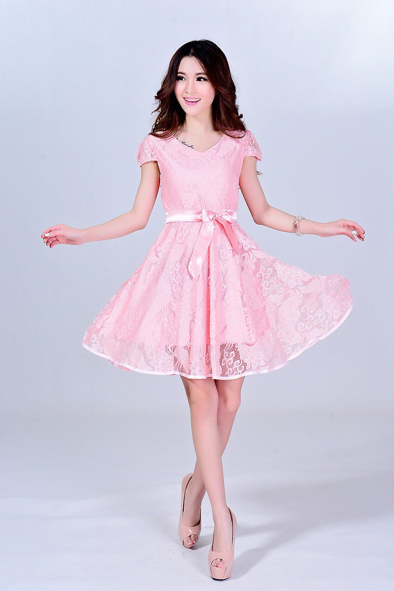 加美兰夏装 韩版修身淑女连衣裙 中长款蕾丝雪纺连衣裙 粉色 xxl