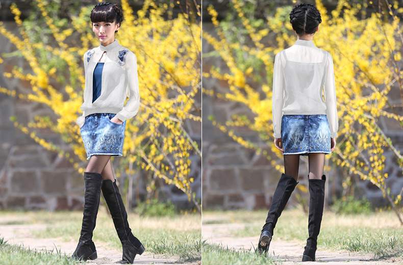 裂帛2016新款 绣花长袖雪纺 针织吊带 假两件女5114007C 黑色  M(胸围90.0/80.0)