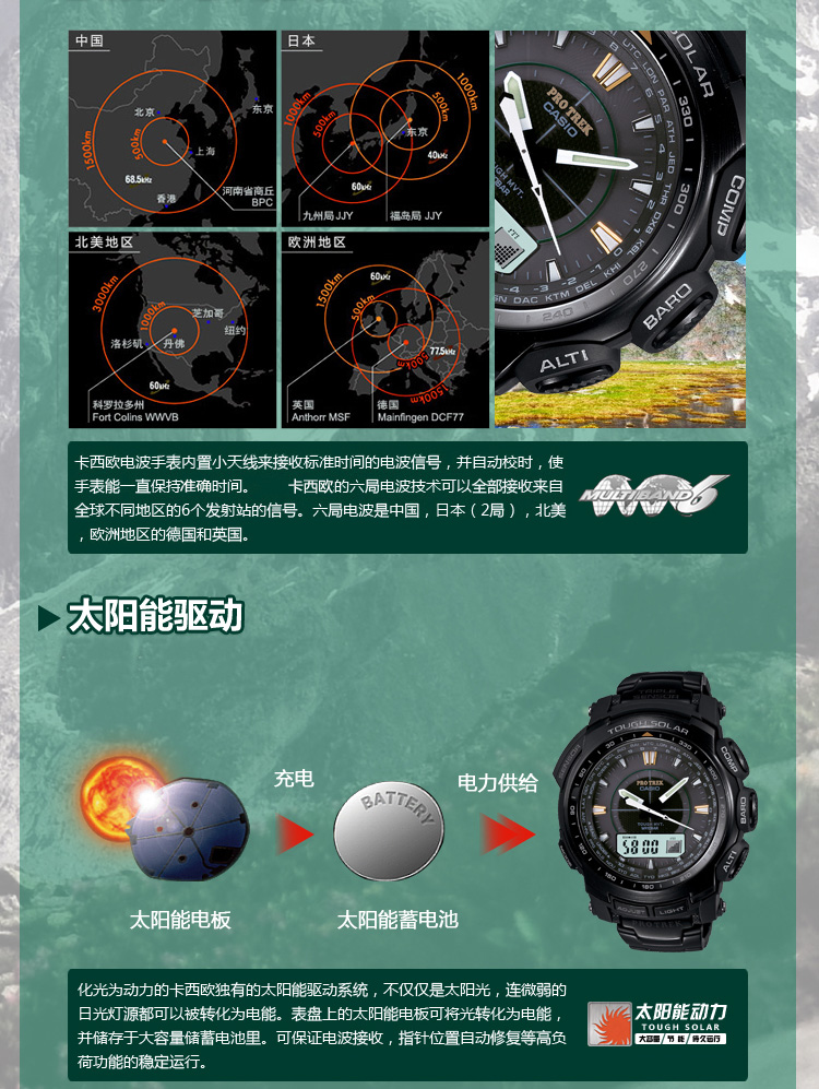 卡西欧(casio)手表 protrek登山系列太阳能电波石英男表prw