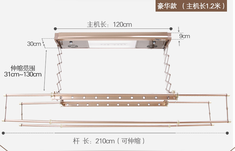 【包安装】邦禾 电动晾衣架 自动智能遥控晒衣架 升降阳台晾衣机 折叠挂衣架 照明 风干消毒 香槟金(1.2米主机) 四杆伸缩+LED照明
