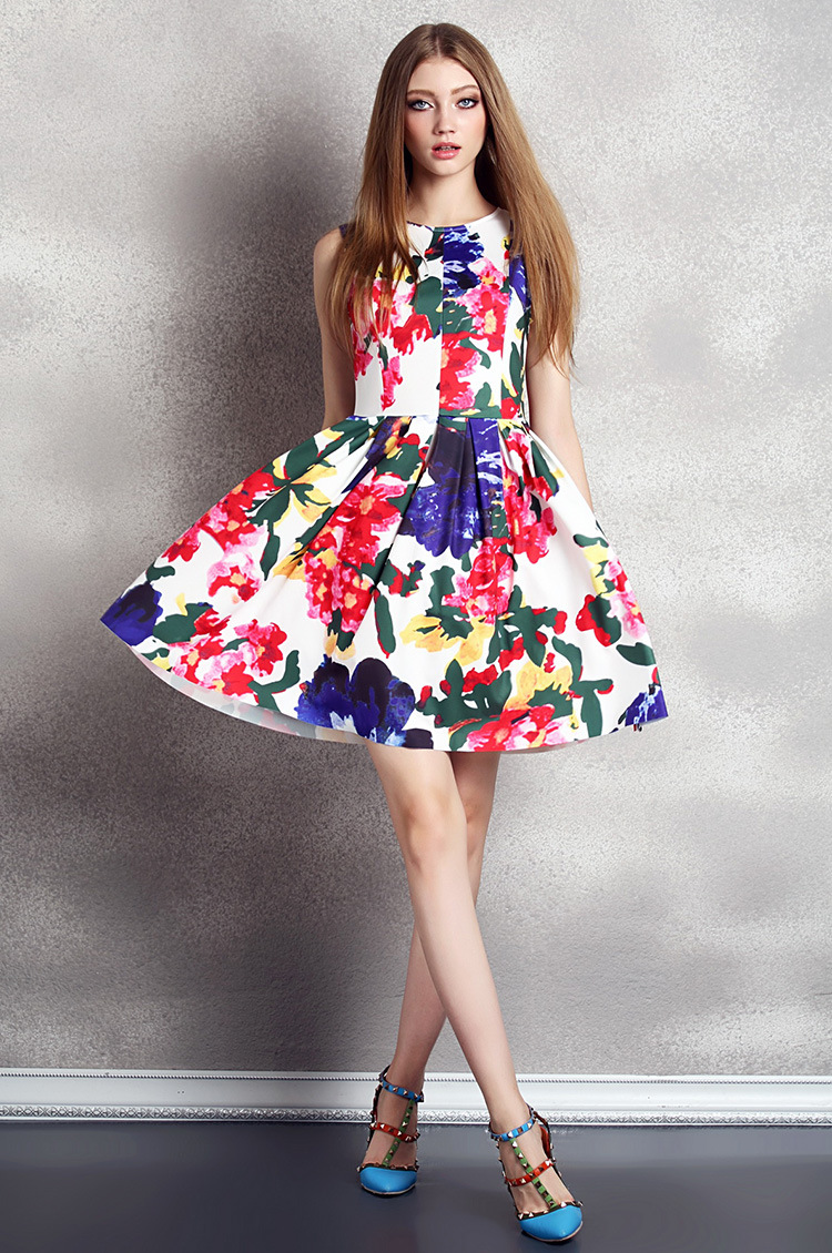 席尔顿服饰深圳女装夏装新款印花无袖连衣裙欧美裙子50459 图片色 xl