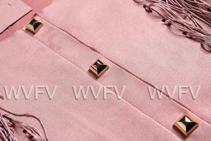 WVFV 2015秋季新品欧美七分袖PU粉色流苏时尚修身气质圆领短外套女 WW70003 粉色 4 M