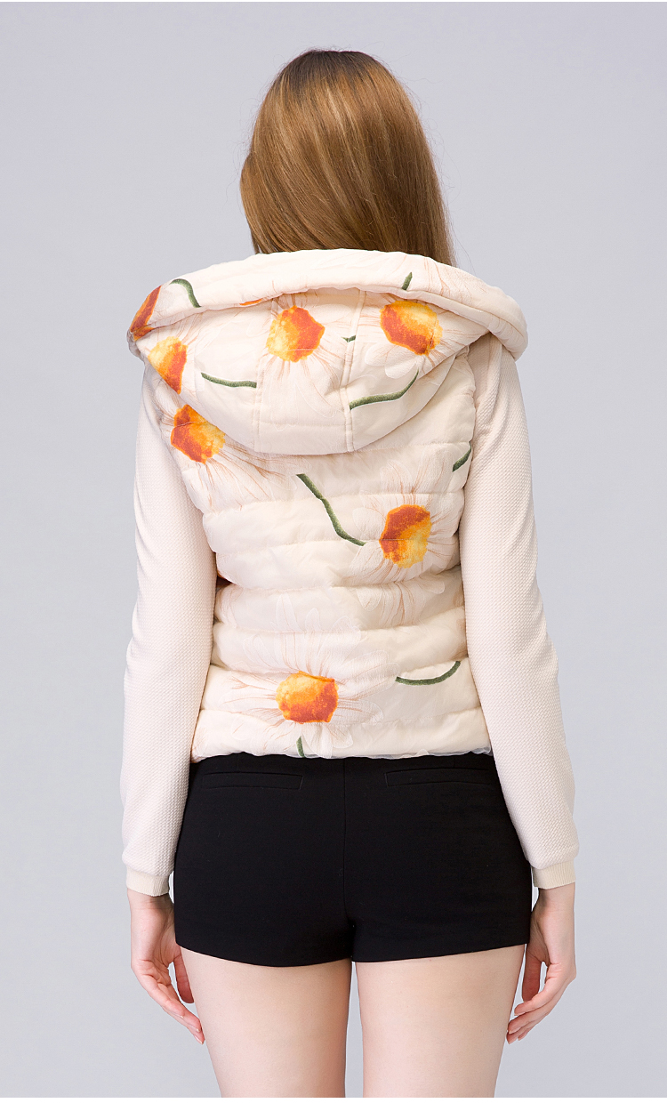 拍普儿 冬季2015新品女装优雅时尚连帽棉服短款印花马甲棉衣 花色 M