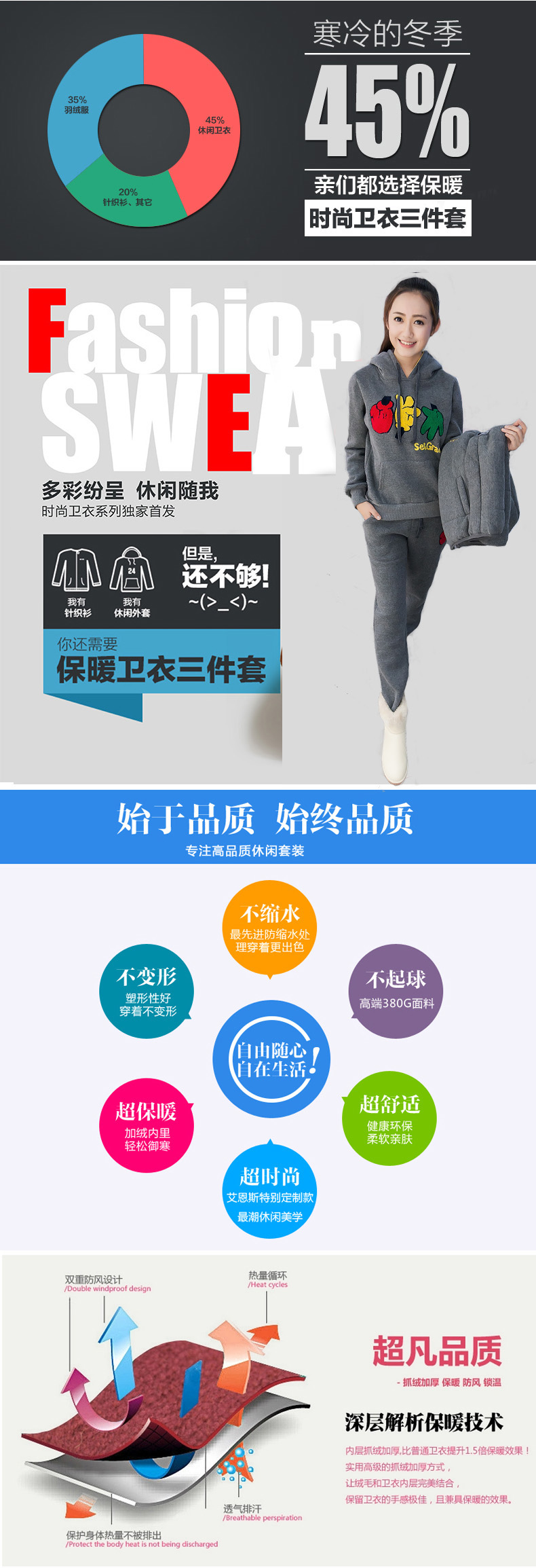 梦蝶花2015秋冬新款女装时尚刺绣加绒加厚连帽卫衣三件套运动休闲服套装 红色 M