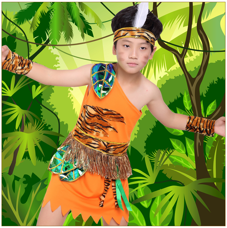 儿童野人演出服非洲印第安人服装大王叫我来巡山猎人舞台表演服女童桔