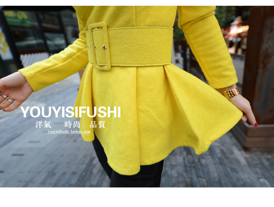 雅布尼 2015秋季新款淑女气质小耸肩荷叶摆宽腰毛呢女半身裙 玫红色 L码