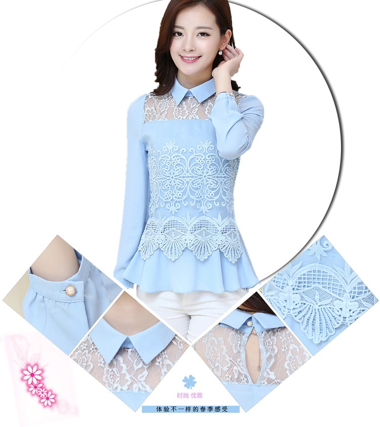 歌资妃2015秋季新款女装韩版淑女优雅蕾丝拼接娃娃领长袖雪纺衫女 上衣 白色 M