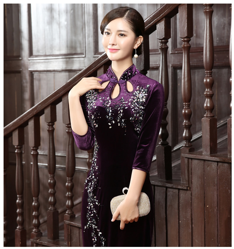 秋装新款丝绒 唯美钉珠中袖旗袍 紫色 4xl【图片 价格 品牌 报价】