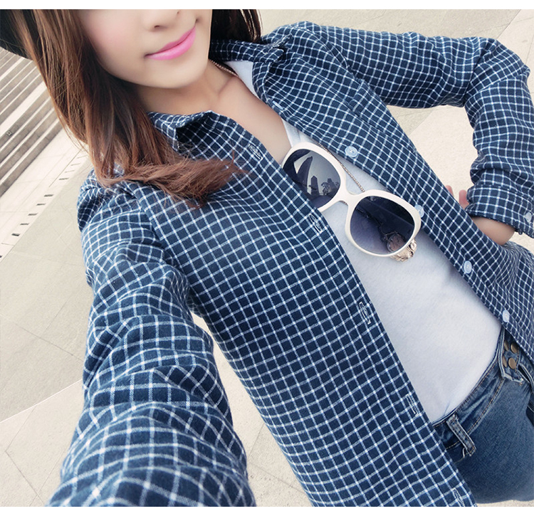 芮婕店 秋冬格子加厚衬衫学院风格子打底衬衣女学生外套 天蓝色 XL(加绒加厚)