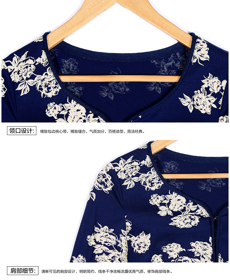 
                                        中年时尚妈妈装春秋款新款长袖收腰印花圆领短外套15W285 藏青 M                