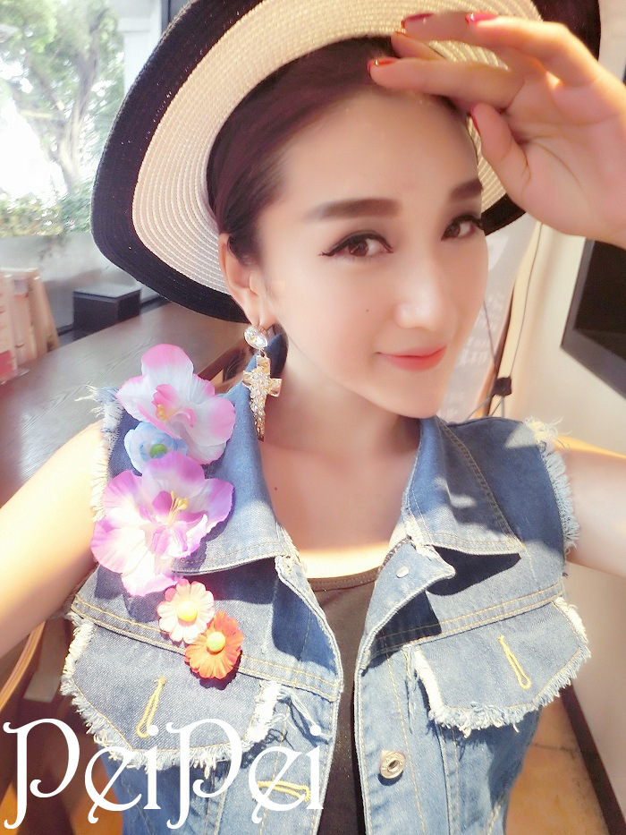 闰楷2015新款女装百搭个性立体装饰花做旧牛仔马夹马甲2303 蓝色 S