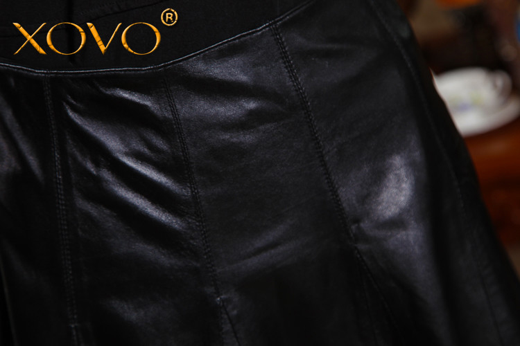 
                                        XOVO2017新款百搭妈妈裙绵羊皮真皮短裙半身裙大摆裙A字裙皮裙百褶裙 黑色 M                