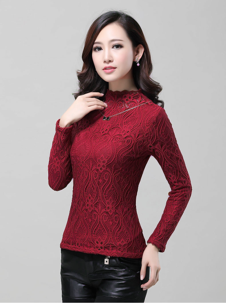 俏情朵 加绒加厚蕾丝打底衫 秋冬2015新款保暖上衣大码半高领长袖 酒红色 XXL