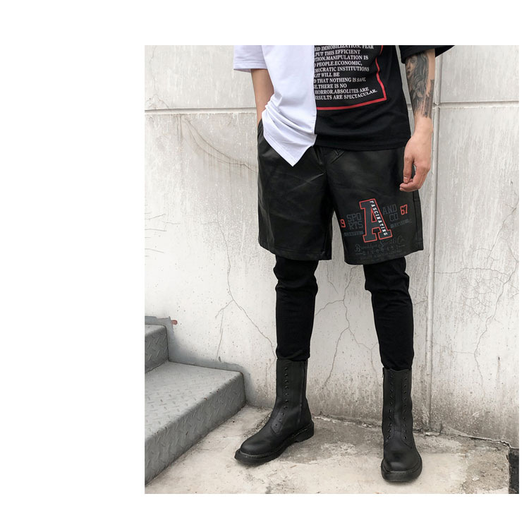 uyuk休闲裤男2018春夏男士假两件个性皮短裤紧身裤韩版暗黑国潮夜场