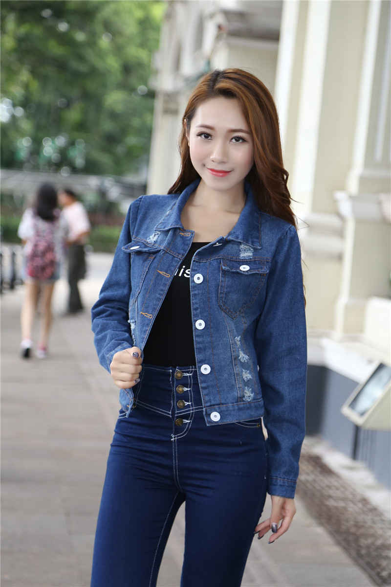 芮婕店*2015秋冬新款磨破洗水蘑菇头小姑娘牛仔外套上衣女9853# 蓝色 均码