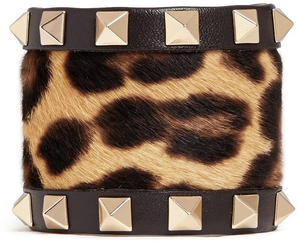 华伦天奴/valentino rockstud 豹纹小牛毛宽皮质手镯 图片色