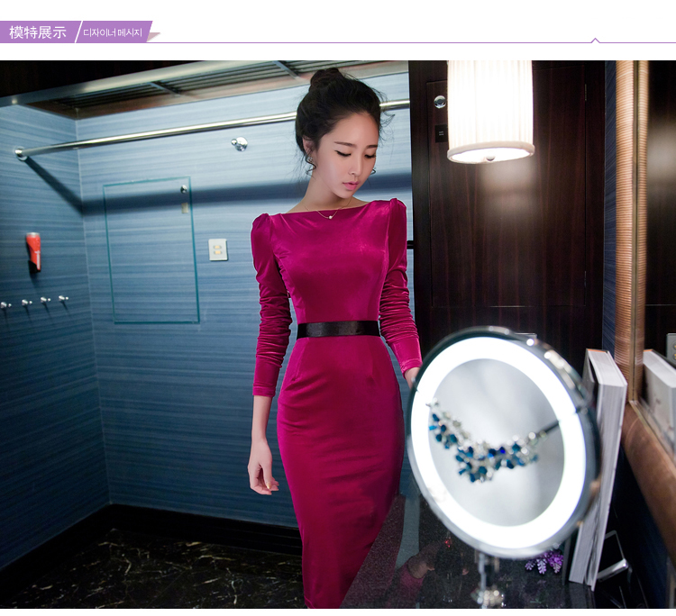 
                                                            蓝空气 晚礼服宴会酒会伴娘新娘结婚礼服秋冬款敬酒服女中长款包臀长袖性感修身长款连衣裙 玫瑰红色 S                