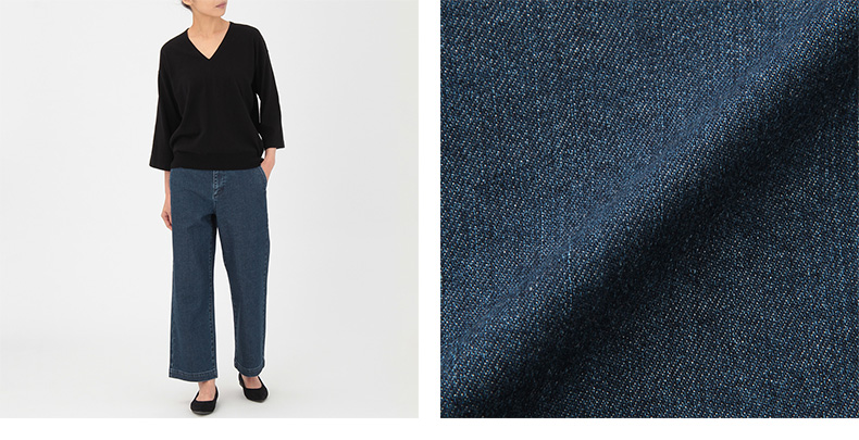 无印良品 muji 女式 棉弹力牛仔宽版裤 靛青色 s