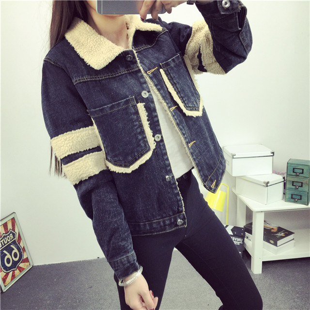 Laconemon 2015秋冬新款牛仔外套女韩版加绒长袖单排扣 蓝色 XL