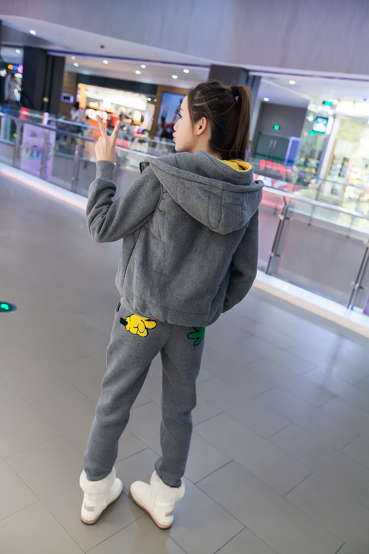 梦蝶花2015秋冬新款女装时尚刺绣加绒加厚连帽卫衣三件套运动休闲服套装 红色 M