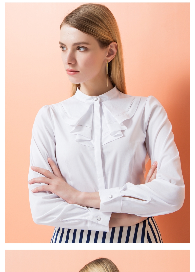 g2000新款宝石纽扣长袖衬衫女 春季修身褶皱领白衬衣女00740003 白色