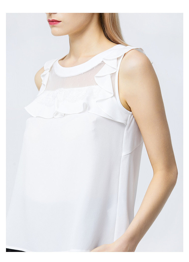 ports宝姿女装春夏新品后片缩褶设计无袖立体荷叶边褶边衬衫女上衣sb