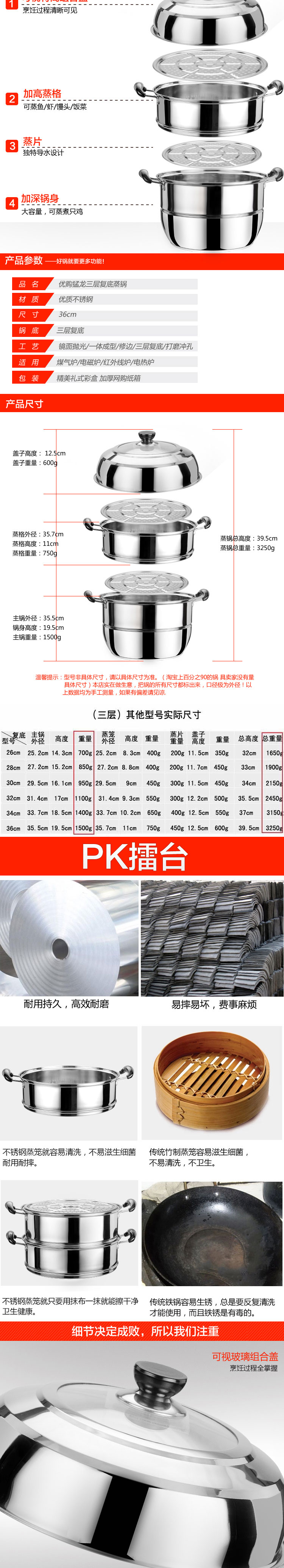 
                                        猛龙 不锈钢复底三层蒸锅36cm加厚蒸笼蒸屉 煤气炉电磁炉通用厨房烹饪锅具                
