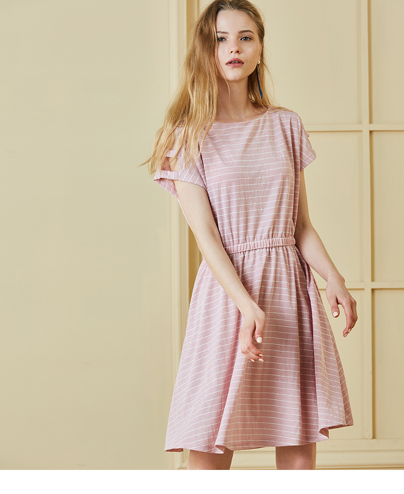 爱客2018夏装新款收腰百褶连衣裙中长款短袖纯棉连身裙ky1821l197 浅