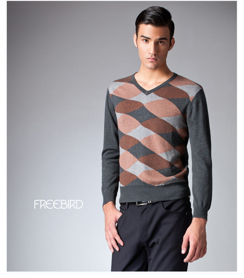 自由鸟男装2014纯棉毛衣v领菱形拼色新款春装百搭针织衫3210258 3o1