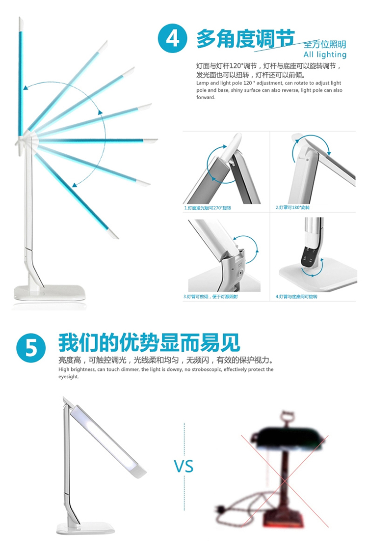 
                                        一米青品 LED台灯护眼灯学习工作儿童学生书桌阅读灯触控触摸调光 创意折叠床头灯 10W台灯 调光调色 蓝色                