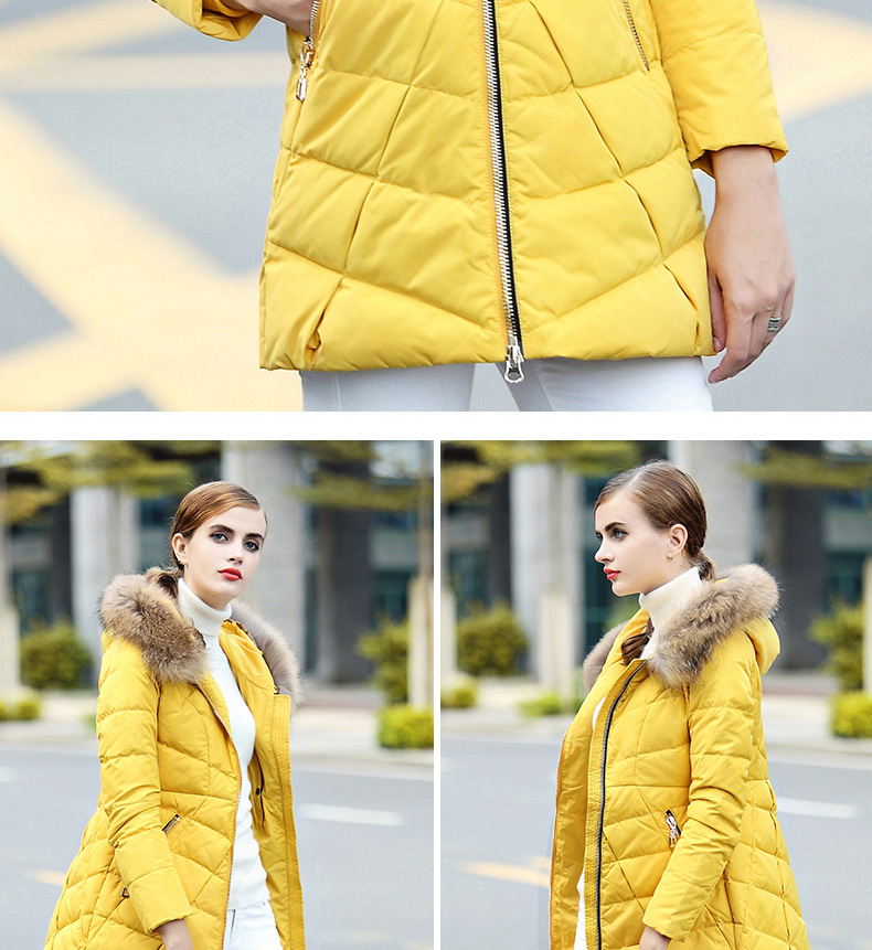 时尚中长款大毛领保暖羽绒服女连帽修身显瘦秋冬装外套潮 柠檬黄 xxl