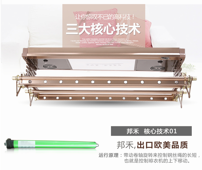 【包安装】邦禾 电动晾衣架 自动智能遥控晒衣架 升降阳台晾衣机 折叠挂衣架 照明 风干消毒 香槟金(1.2米主机) 四杆伸缩+LED照明