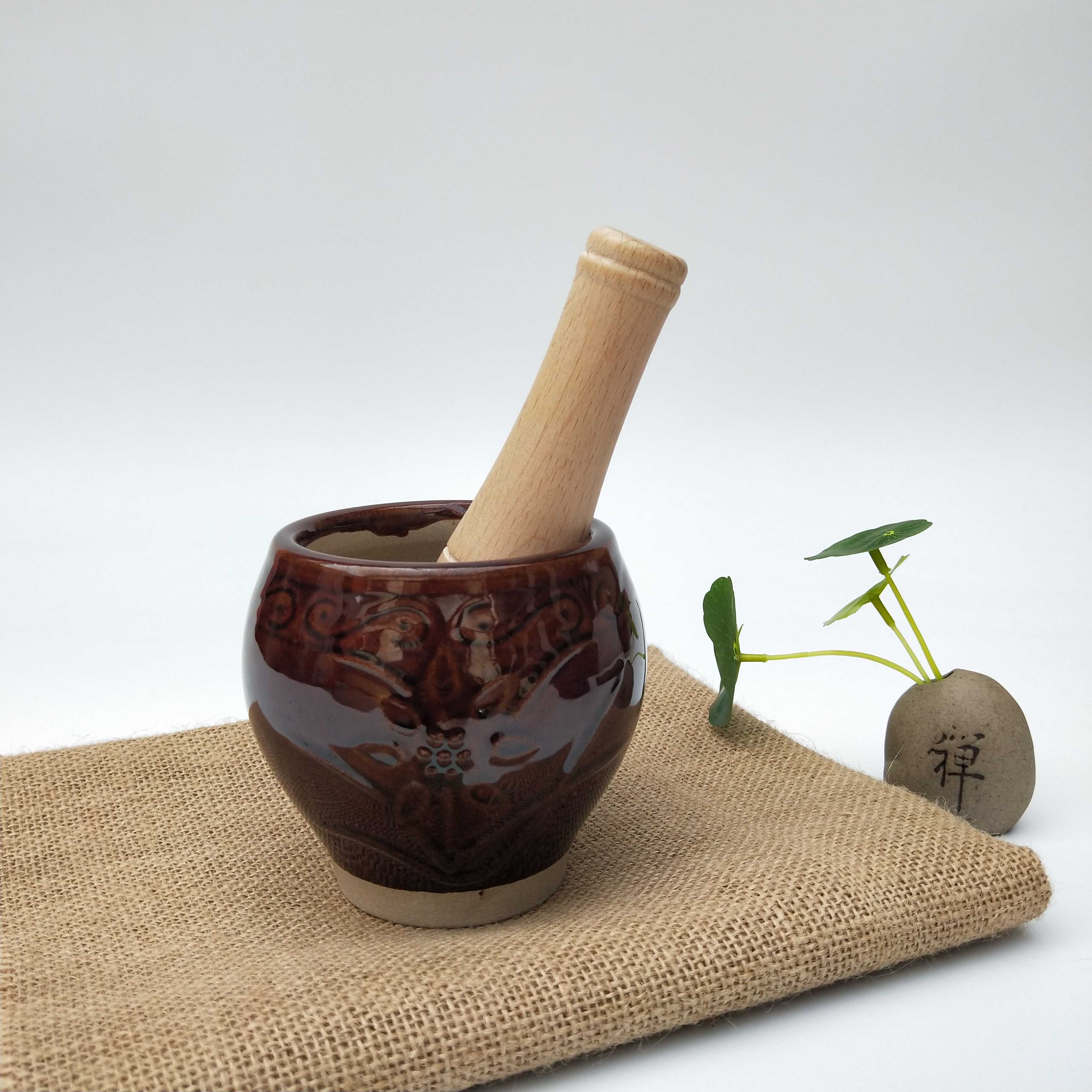 一立捣蒜器蒜缸陶瓷加厚蒜臼子家用石臼蒜蓉器厨房老式蒜臼研磨器斑纹