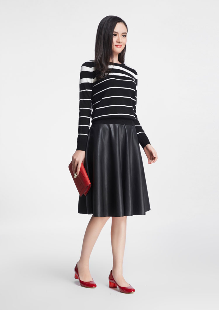 法玛莎女装2015秋条纹圆领上衣套头打底毛衣针织jd-b0083 黑宽条纹. l